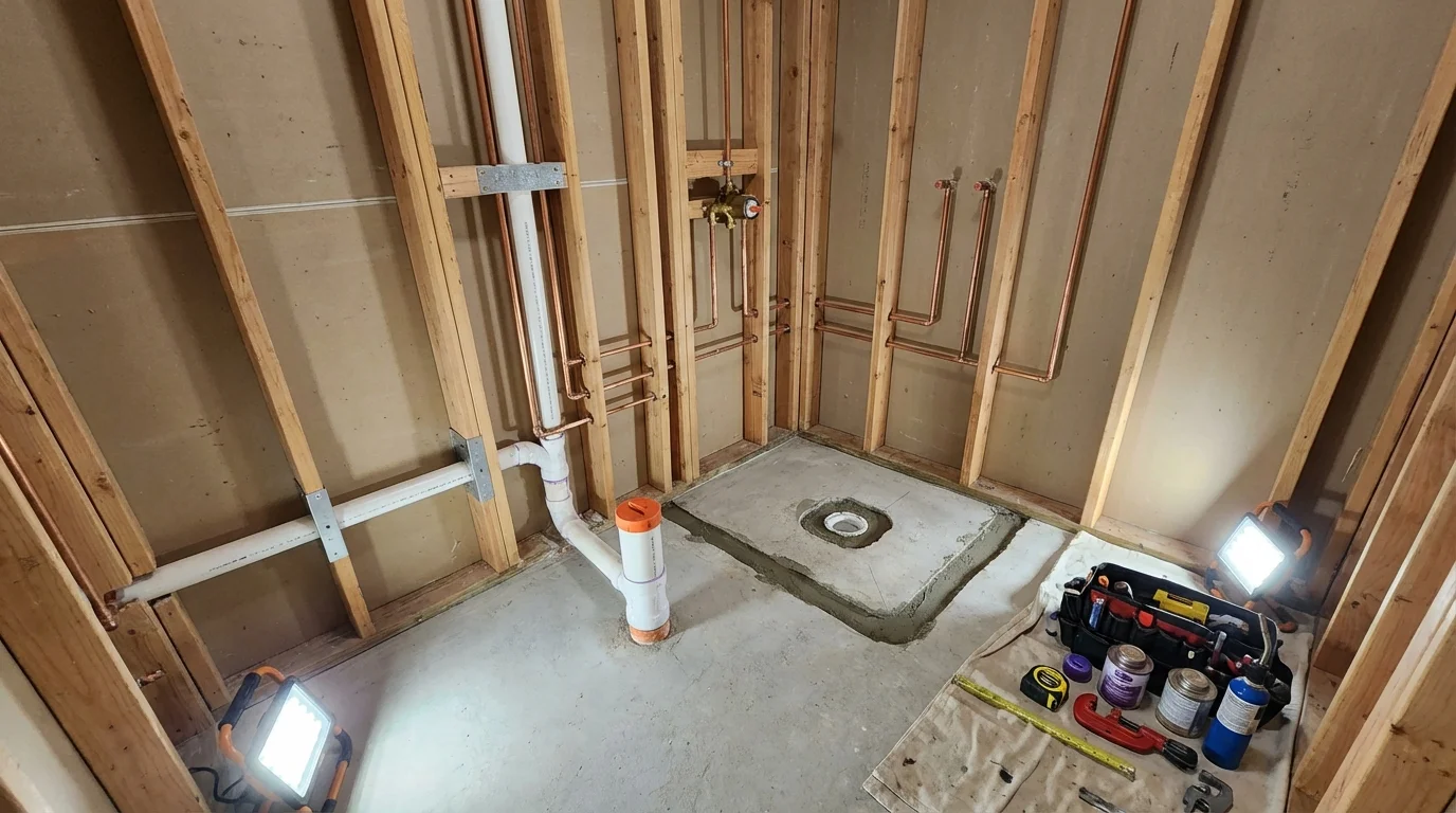 Bathroom rough-in plumbing during remodel by Johns Plumbing LLC in Minonk