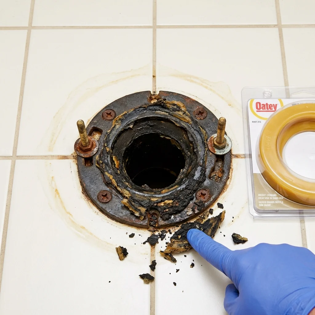 Failed wax ring showing water seepage at the base of a toilet in a Minonk, IL home