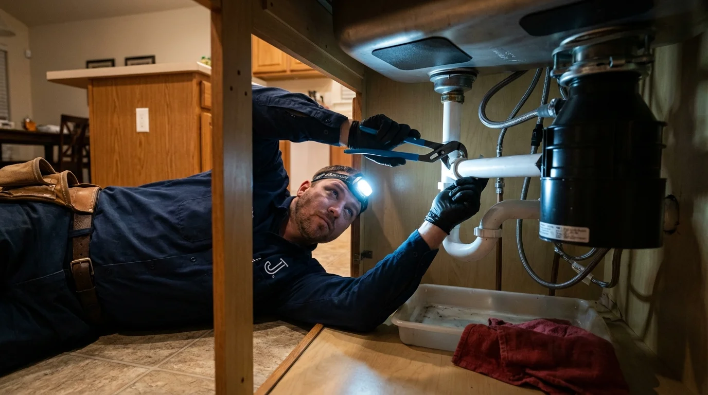 P-trap and supply line connections under a kitchen sink showing a common leak point in Minonk, IL